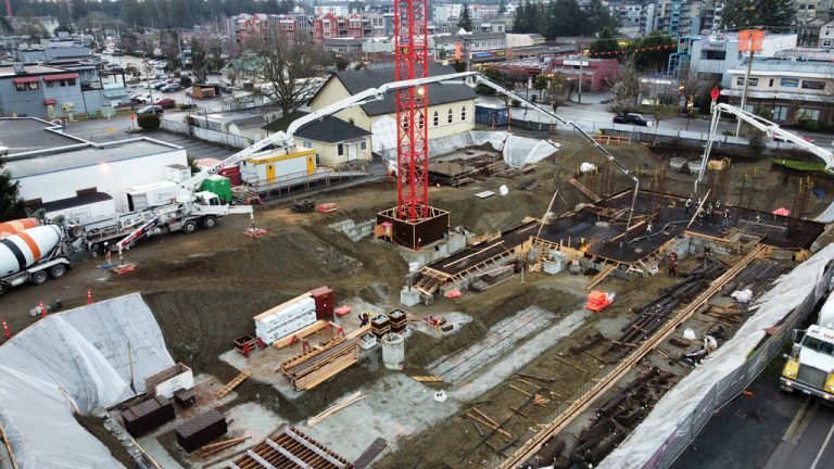 Over 700 cubic metres of specialized carbon-cured concrete was poured on Feb. 1 for a five-storey, mass timber building that will house local educational institutions.