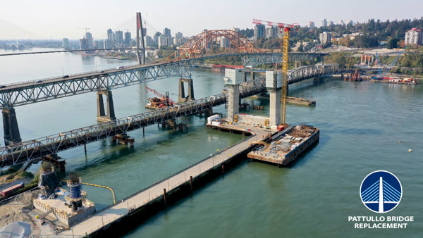 Pile installation for the main bridge foundations is complete on the Pattullo Bridge Replacement project. Construction is underway on the bridge tower and erection of the steel bridge girders and installation of concrete deck panels and stay cables will be undertaken this year.