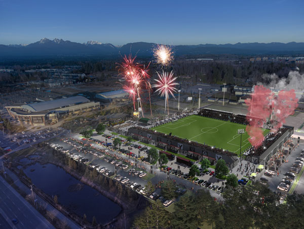 A rendering of the soon-to-be-finished Vancouver FC modular stadium in Langley, B.C.