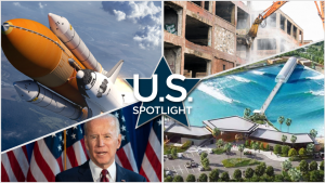 U.S. Spotlight: Surf’s up in Texas; Christa McAuliffe memorial; Detroit’s Packard plant coming down