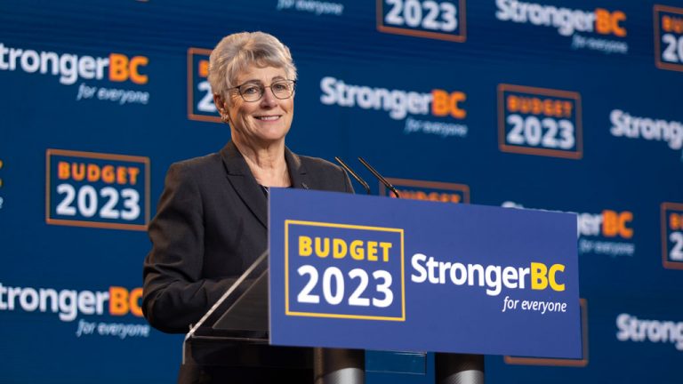 Minister of Finance for British Columbia, Katrine Conroy, delivers the 2023 budget speech in Victoria, B.C. The budget includes a $37.5 billion capital investment in infrastructure.