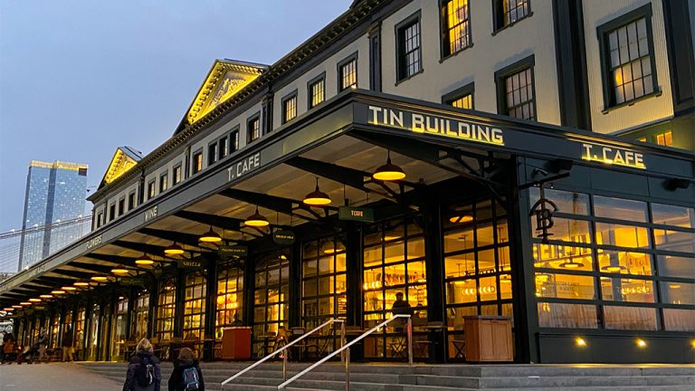 The site of the former Fulton Fish Market at New York’s Pier 17 has been transformed into the Tin Building, a gourmet food hall.
