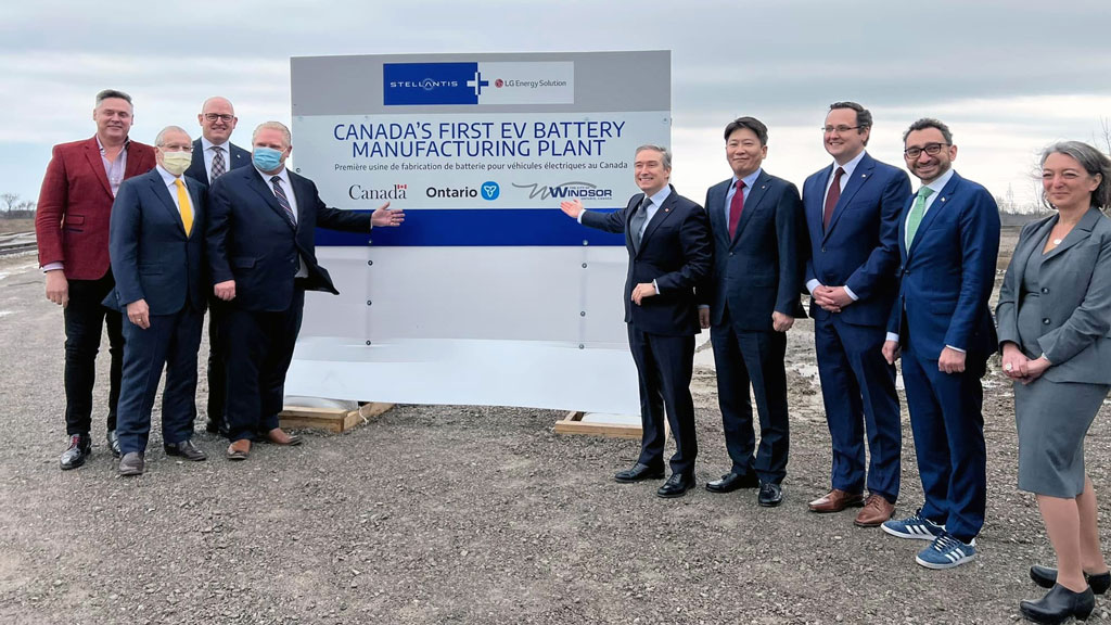 Ontario Premier Doug Ford (fourth from left) was on hand in March 2022 to help announce the JV between Stellantis N.V. and LG Energy Solutions that is building the NextStar EV battery plant in Windsor, Ont.