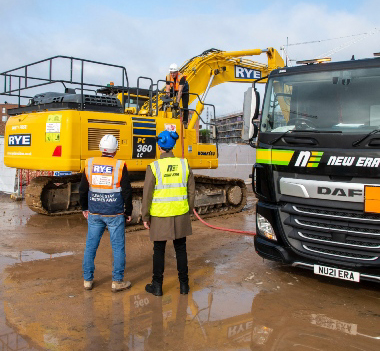 A Komastu 360 hydraulic excavator operated by the Rye Group (UK) is refuelled on site with HVO fuel.