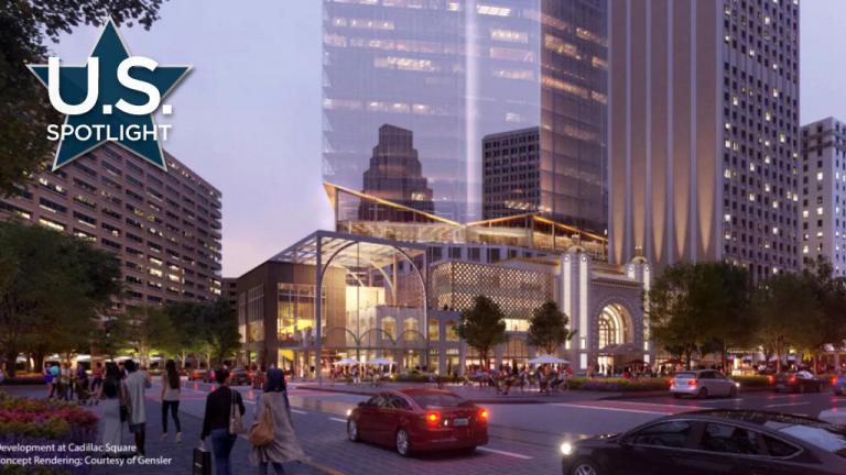 Shown is a rendering of Development at Cadillac Square in downtown Detroit.