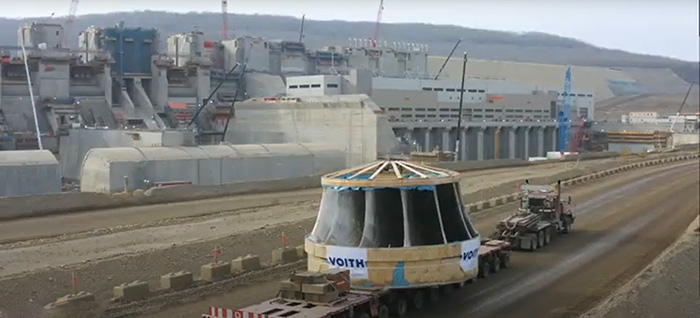 A turbine being delivered to the construction site of Site C.