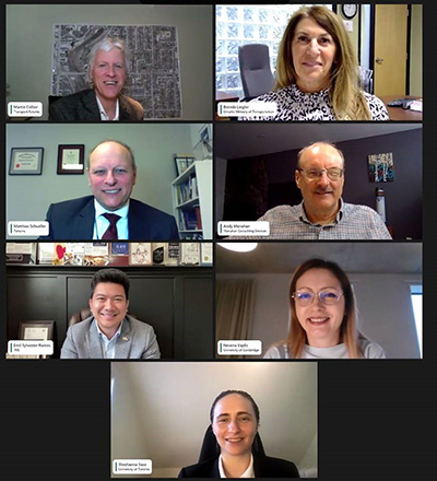 Transportation experts came together for the Transport Futures webinar Highway Construction and Operations: Traditions and innovations April 20. (Clockwise from top left) Martin Collier, Transport Futures; Brenda Liegler, Ontario Ministry of Transportation; Andy Manahan, Manahan Consulting Services; Nevena Vajdic, University of Cambridge; Shoshanna Saxe, University of Toronto; Emil Sylvester Ramos, IRIS; and Matthias Schueller, Parsons Canada provided insights during the webinar.