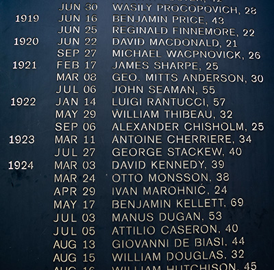 The Welland Canal Fallen Workers Memorial in St. Catharines, Ont. lists the 137 con-struction workers killed building the canal between 1914 and 1932.