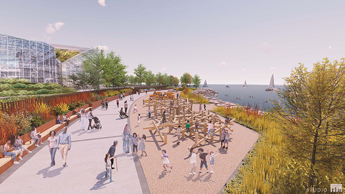 The new outdoor public space will feature walking and cycling trails, a new public beach, gathering spaces, restoration of the eroding shoreline and creation of wetland and water habitats support local fish, plant life and animals.   
