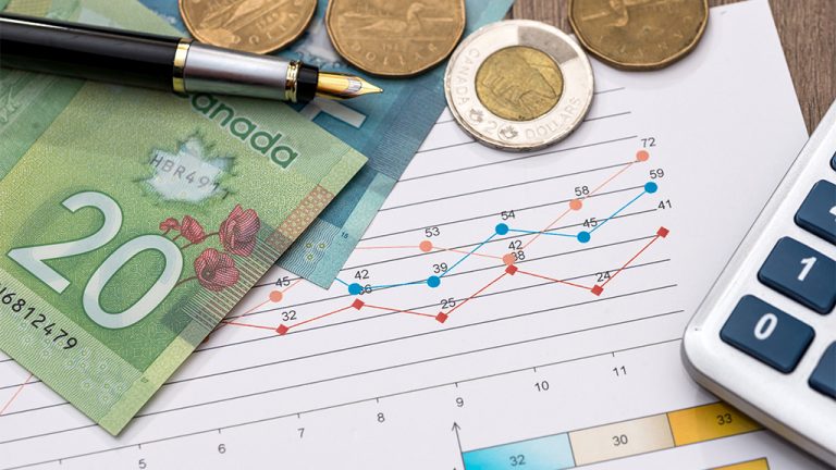 Canadian money, a pen and a calculator lay on top of pages of charts.