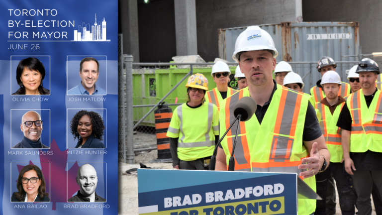 Toronto mayoralty candidate Brad Bradford announced a plan for open bidding on City construction projects during a media event at a job site off Danforth Avenue.