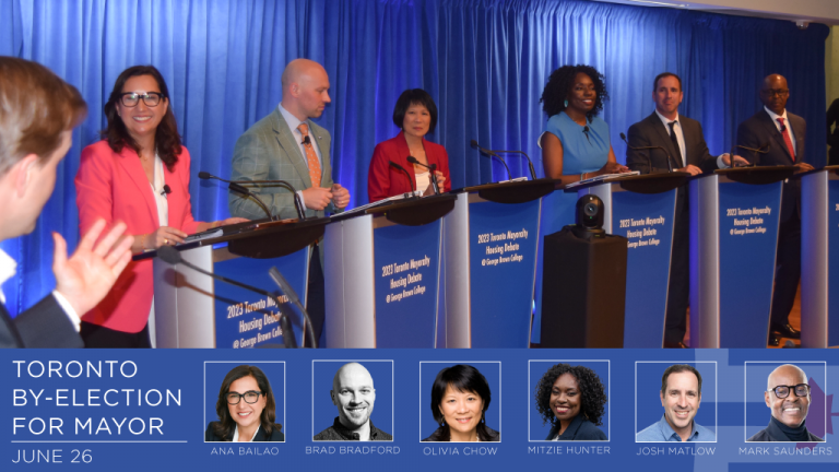 Toronto mayoral contenders (from left) Ana Bailao, Brad Bradford, Olivia Chow, Mitzie Hunter, Josh Matlow and Mark Saunders participated in a debate on housing sponsored by RESCON. Joe Cressy of George Brown College served as the moderator of the May 24 event.