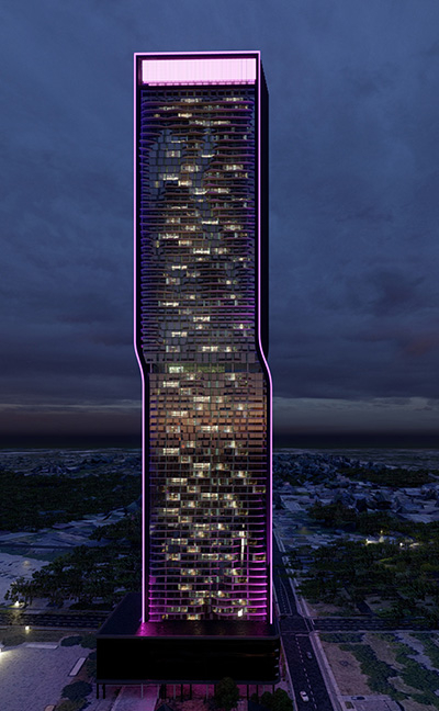 The skyscraper’s unique design features undulating waves and twists.