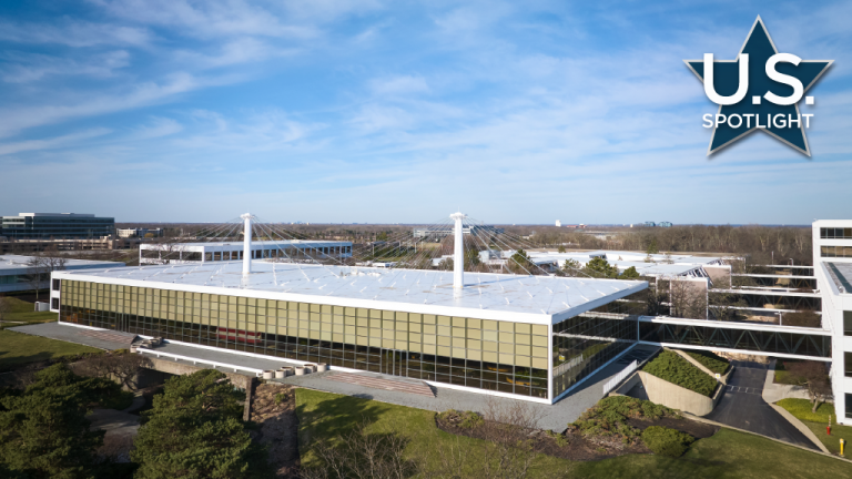 Baxter's iconic Central Facilities Building with cable stayed roof.