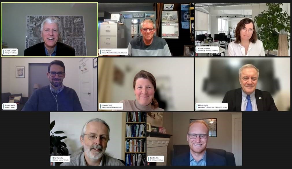 Pictured from left to right are Top: Martin Collier, Transport Futures; Mike Millian, Private Motor Truck Council of Canada; Nicole Swerhun (Third Party Public). Middle: Ben Crowther, America Walks / Freeway Fighters Network; Rebecca Lush, UK Transport Action Network; Richard Lyall, Residential Construction Alliance of Ontario. Bottom: Eric Doherty, Climate Justice Victoria; Ben Dachis, C.D. Howe Institute.