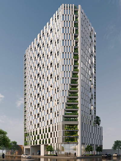 A new tower proposed for 88 King St. W. in Oshawa, Ont. will feature green balconies that reflect the Oshawa Creek and greenspace located beside the property.