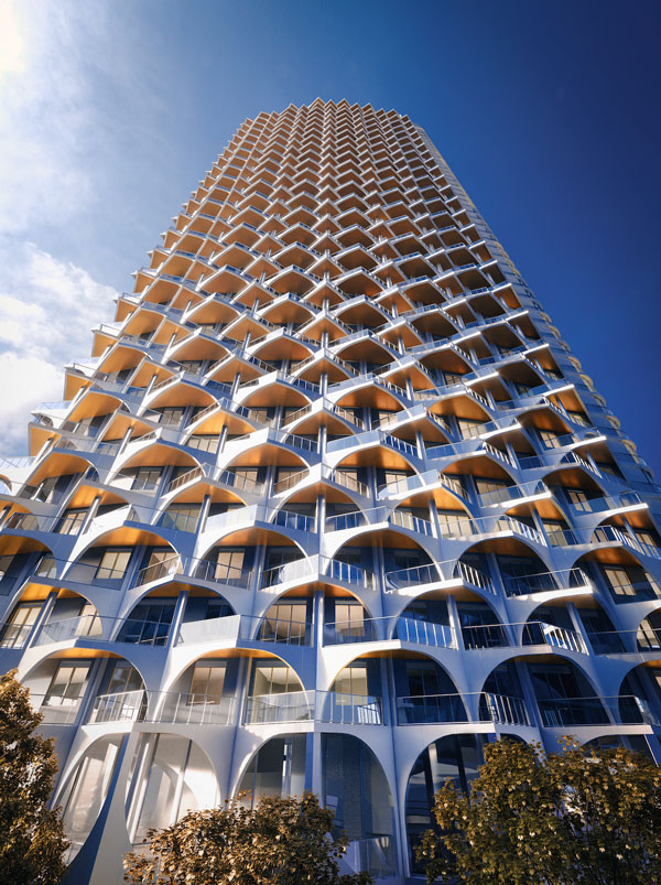 The 307 Lake Shore Boulevard East project in Toronto features a lattice of triangular offset balconies.