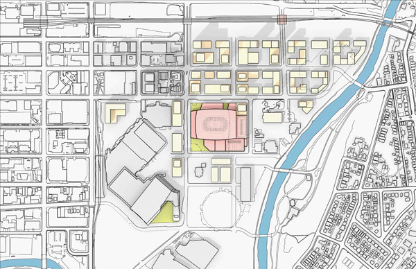 The Calgary event centre will be located on 2.9 hectares immediately north of Stampede Park and be a front door to the Rivers District.