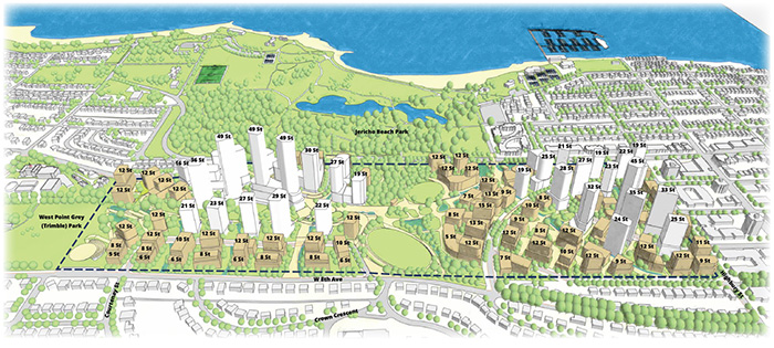 As seen in this rendering, the proposed development on the Jericho Lands could see roughly 28 highrise towers and 63 mid-rise buildings constructed on a 90-acre site. The Three Sentinels, a collection of three 49-storey towers designed to represent the three First Nations leading the development, can be seen centre-left in the image and would be the tallest buildings onsite.