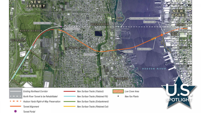 Pictured is preferred tunnel alignment for the 4.5-mile-long passenger rail Hudson Tunnel Project between Pennsylvania Station, New York and Secaucus Junction, New Jersey.