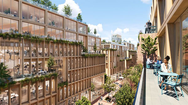 Stockholm Wood City will offer a vibrant, urban environment with a mix of workplaces, housing, restaurants and shops in a series of low-rise MTC buildings.