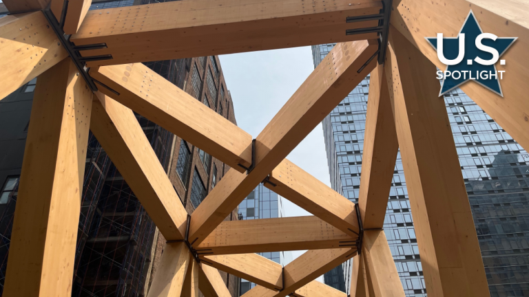 The first time mass timber has been used on the High Line, the cross-laminated timber bridge is configured in three 65-foot-long sections supported by two metal columns and the Woodland Bridge. The timber crossing cantilevers outward by 65 feet to reach the Magnolia Court at Manhattan West.