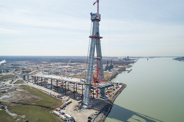 Shown is the back span and cable-stayed tower, almost at maximum height, on the Canadian side of the Gordie Howe International Bridge.