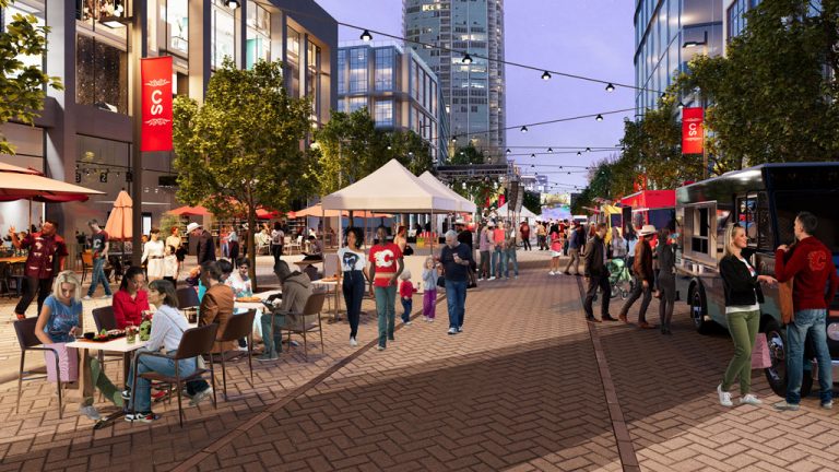 A $20-million redeveloped Stampede Trail roadway will feature interlocking pavement. Street-level retail and dining are expected to line the area, along with an $80-million, 220-room hotel announced earlier by Matthews Southwest Hospitality.