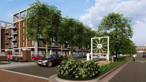 A rendering shows the former Northland mall's conversion into a residential-commercial "city within a city," keeping J. L. Hudson store's original red brick cladding throughout. The original store is at far right.
