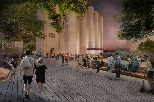 At the new park, dozens of in-ground, programmable LED lights will create an ambient, up-lighting effect on the landmark silos.