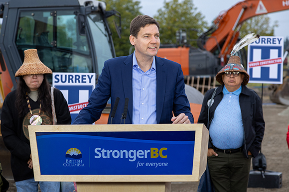 British Columbia premier David Eby announces the beginning of construction on Surrey’s second hospital and a new cancer center.