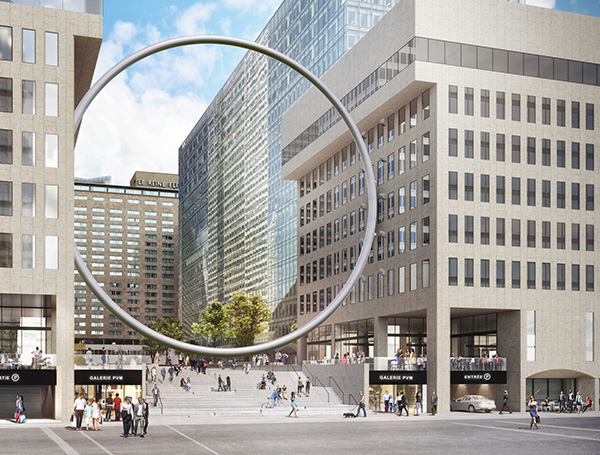 The Ring at Place Ville-Marie is a steel structure measuring 30 metres in diameter, that is suspended at the main entrance to Esplanade PVM at Place Ville Marie. It was designed by Claude Cormier & Associes.