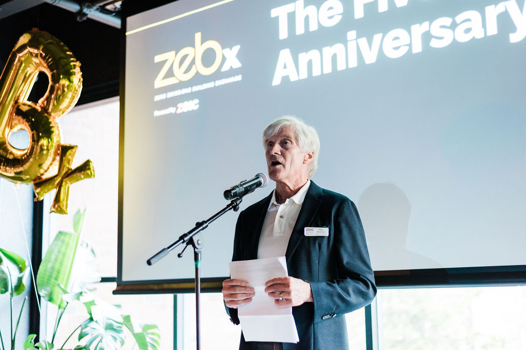ZEIC chair Dr. Peter Robinson speaks to a crowd of 200+ attendees at the the ZEBX fifth anniversary event in Vancouver.