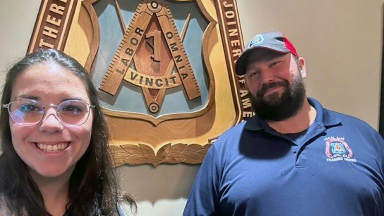 Alex Cardinal is a social reintegration program manager for a pre-apprenticeship initiative for prison inmates. She is shown with Carpenters’ Union Local 2486 instructor Robert Rapp.