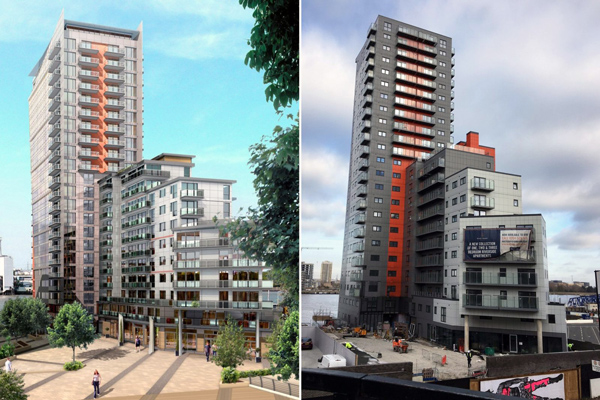 On the left is the approved design for Mast Quay Phase II. On the right is what the developer built.