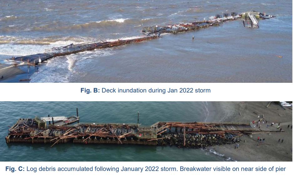 Jericho Pier had suffered moderate storm damage in November 2021, which led to its being closed. Two months later, in January 2022, a combined storm surge and king tide caused additional and serious damage to the pier. Its deck was flooded and log debris destroyed much of the structure.