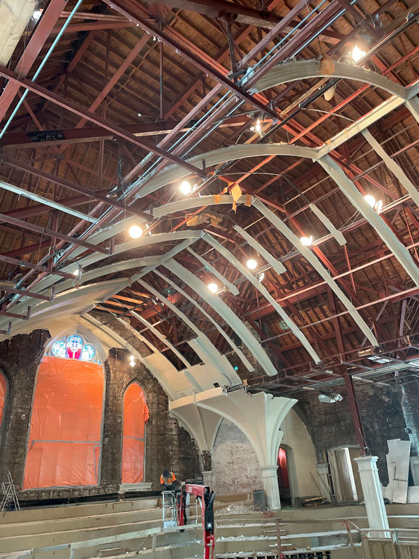 The contractor’s priority was to preserve the exterior of the building, with special attention to doors and stained glass windows. Ornate arches were also catalogued and numbered.