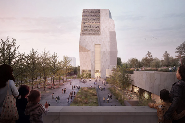 The monolithic museum building will tower over the Obama Presidential Center campus.