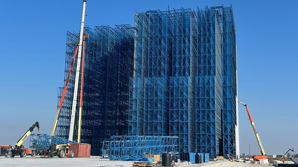 Towering column of blue racks forms to become Conestoga cold storage facility