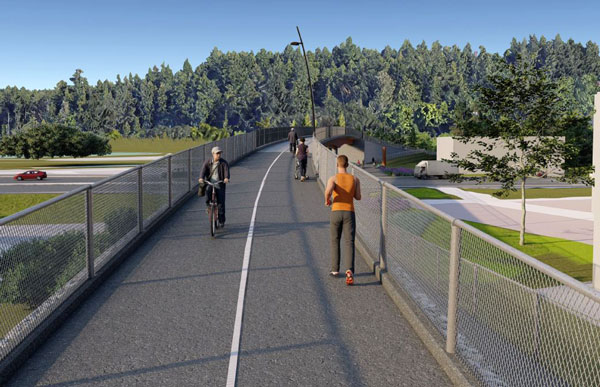 North Vancouver’s Surespan Group was awarded a $5.11-million contract for the project. Simple in design, the straight bridge will have post-tensioned cable fencing and a natural wood railing. Abutments will have stamped concrete, enhanced under lighting and five per cent grade ramps on either side.
