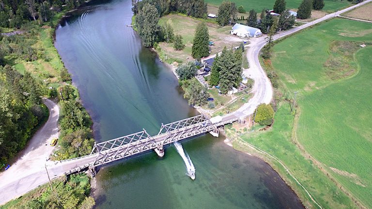 The Baxter Bridge near Enderby, B.C. (above) is being replaced with a two-lane steel and concrete bridge.