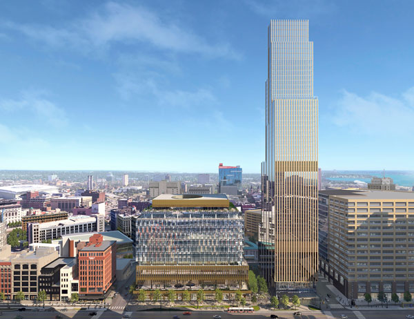 Image shows the profile of the Hudson Site's two towers on the Detroit skyline.