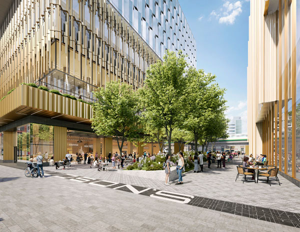 A street level rendering of the Hudson's Site pedestrian plaza.