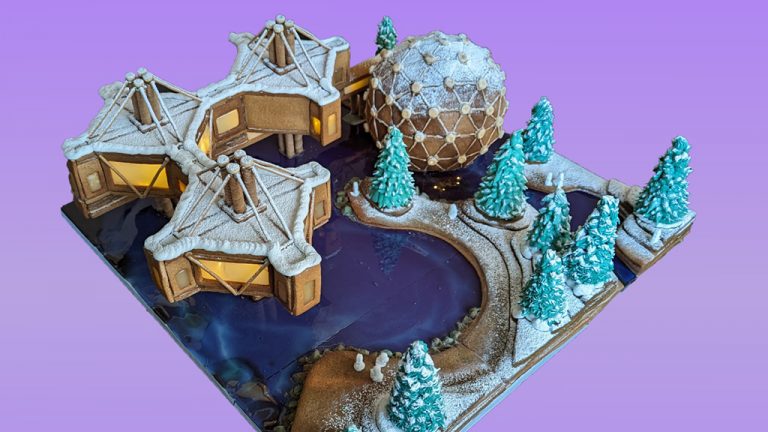 For his submission to the Toronto Association of Architect’s Gingerbread City, Joël León Danis made an edible Ontario Place complete with the iconic Cinesphere, pods and landscape elements.