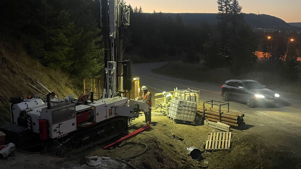Construction crews have brought in rigs to do geotechnical drilling along Highway 20 at Hodgson and Dog Creek roads southwest of Williams Lake, B.C., which is being affected by a slow-moving slide.