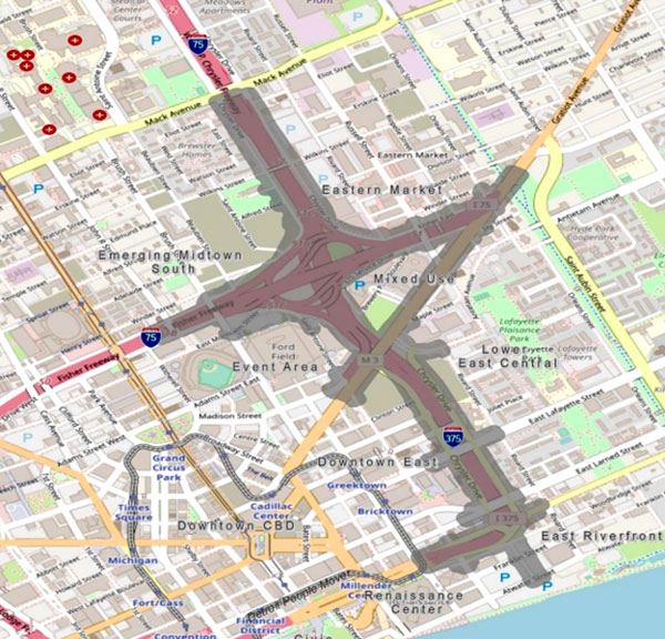 A map of the I-375/replacement boulevard corridor shows the area immediately north of the Detroit River and Windsor.