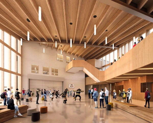 Inspiration for the school comes from the water in the area and how that water was used by the Cowichan people. Three main building sections of the school mimic stepping stones coming out of the water. The interior consists of steel studs with a combination of drywall and wood panelling for the finish. The ceiling will showcase wood finishes that include glulam beams and wood slat ceilings.