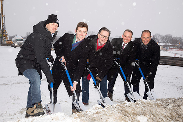 On hand for groundbreaking at the KingSett project in Toronto Jan. 16 were, from left, Toronto councillor Brad Bradford, Member of Parliament for Etobicoke Centre Yvan Baker, Member of Parliament for Etobicoke Lakeshore James Maloney and Jeff Thomas and Rob Kumer of KingSett Capital.