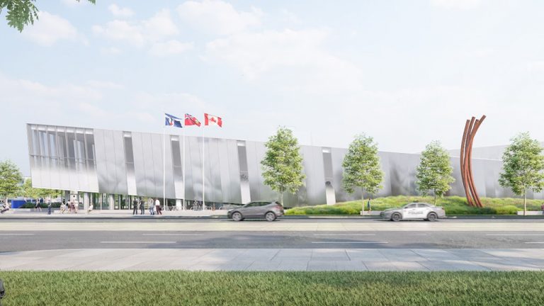 The new Toronto Police Services – Division 41 building in Scarborough, Ont., designed by WZMH Architects, is a two-storey, 60,000-square-foot building focused on sustainable features. The exterior has ballistic glass cladding and among the green elements is a sloped roof retrofitted with 260 solar panels.