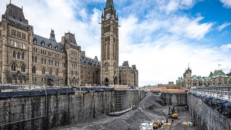 The ground in front of the Centre Block, seen here in May 2023, is being excavated in order to build a new underground welcome centre for visitors.